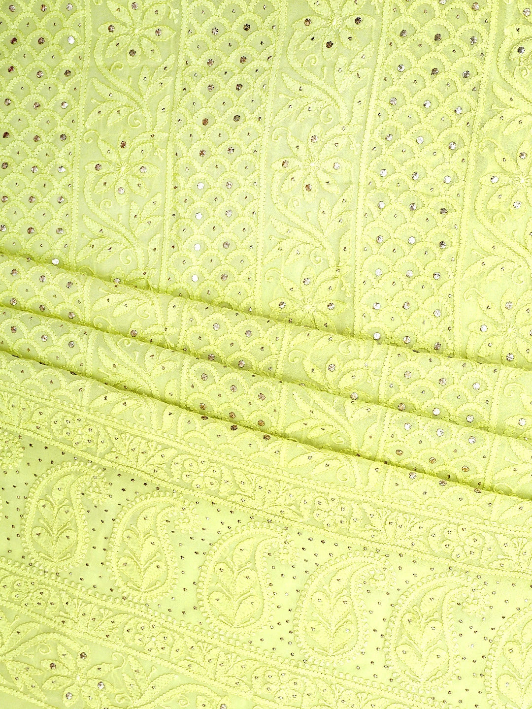 Ada Hand Embroidered Lime Green Viscose Georgette Lucknowi Chikankari Unstitched Kurta Dupatta Set With Mukaish/Muqaish Work 01A815275