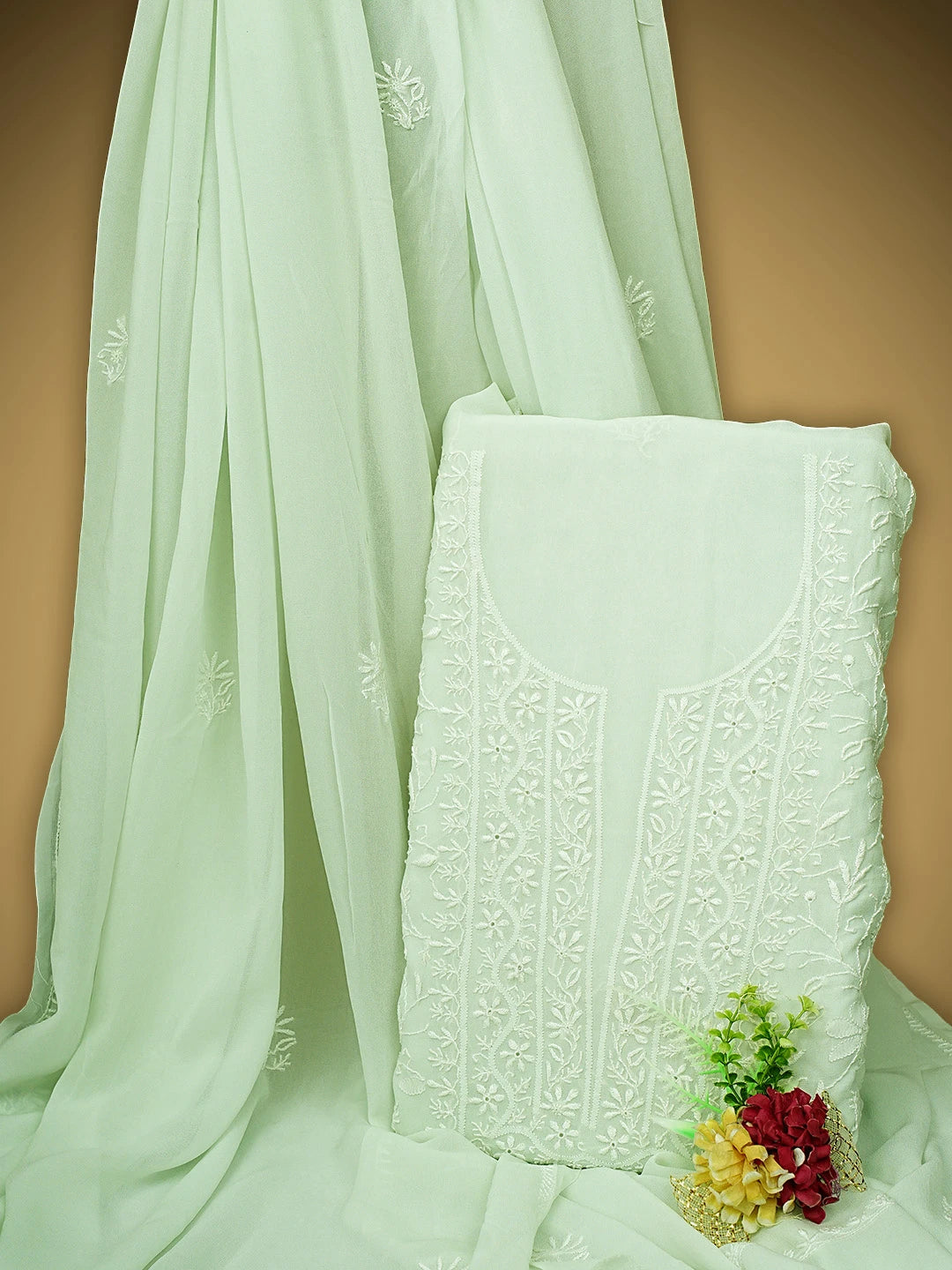 Ada Hand Embroidered Tea Green Viscose Georgette Lucknowi Chikankari Unstitched Kurta Dupatta Set 01A821783