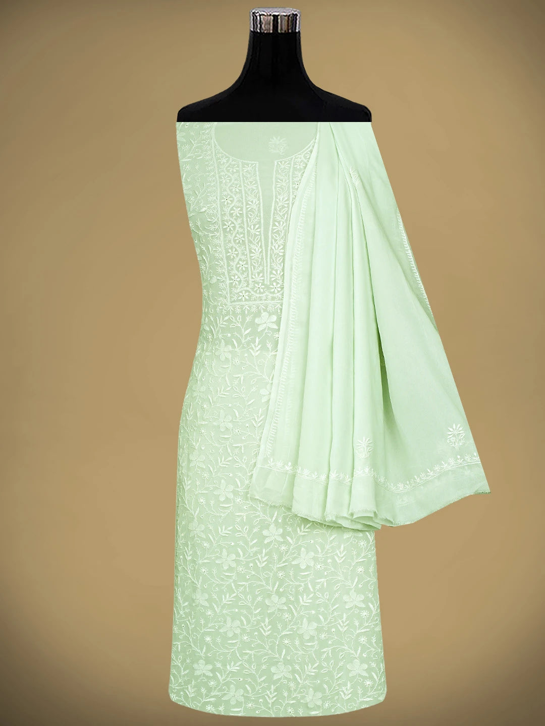 Ada Hand Embroidered Tea Green Viscose Georgette Lucknowi Chikankari Unstitched Kurta Dupatta Set 01A821783