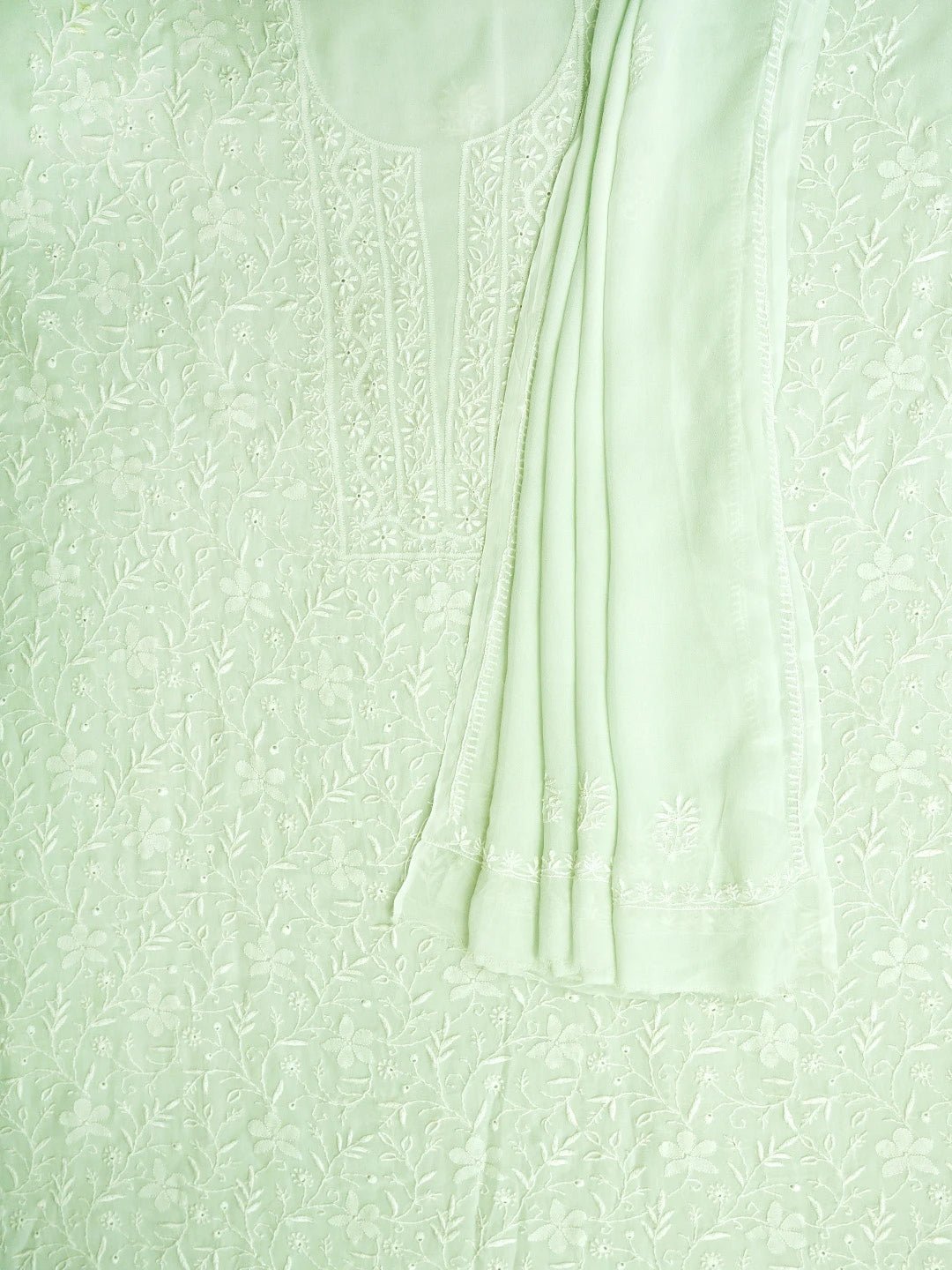 Ada Hand Embroidered Tea Green Viscose Georgette Lucknowi Chikankari Unstitched Kurta Dupatta Set 01A821783
