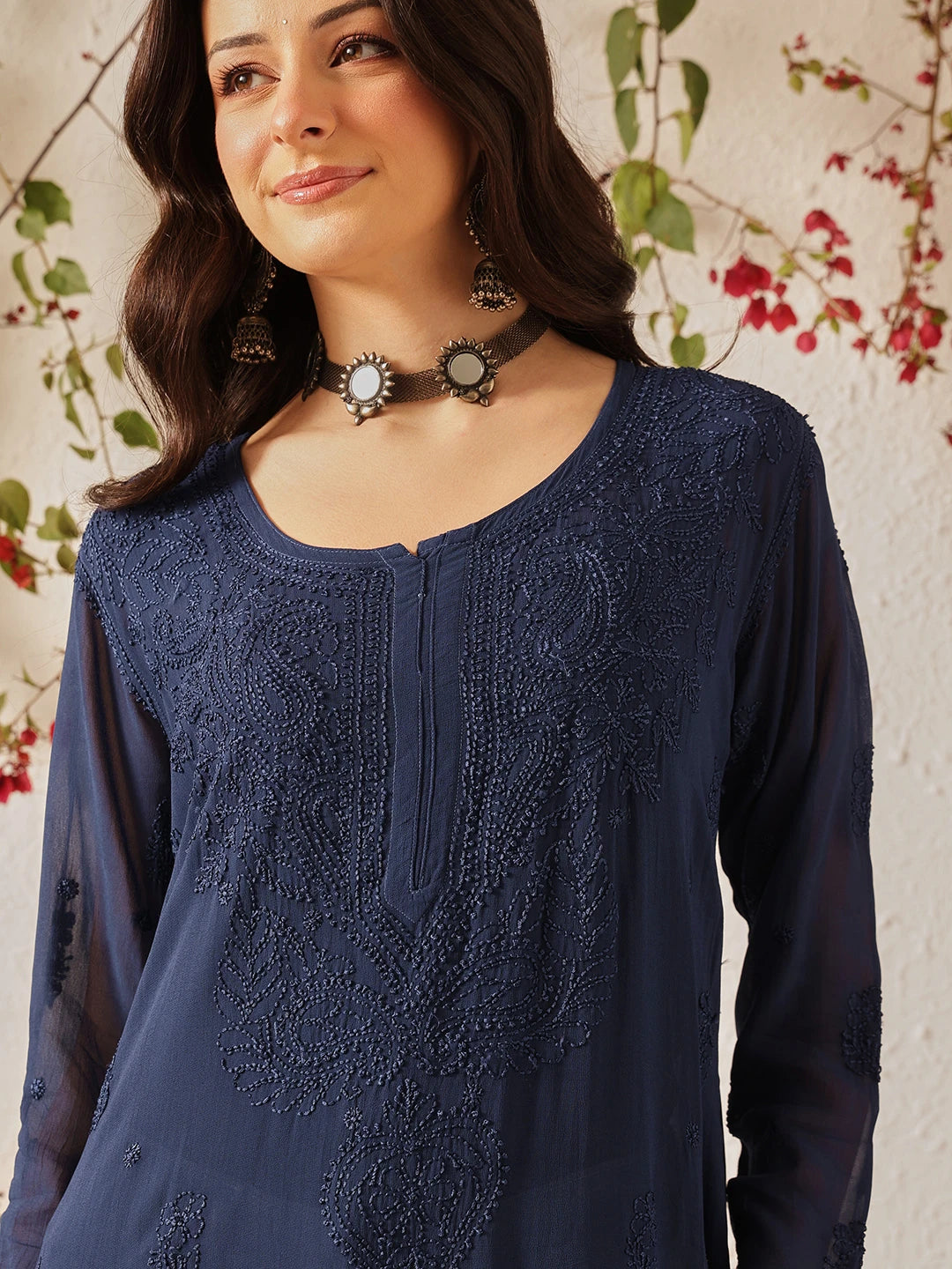 Ada Hand Embroidered Navy Blue Georgette Lucknow Chikankari Kurta - A411187