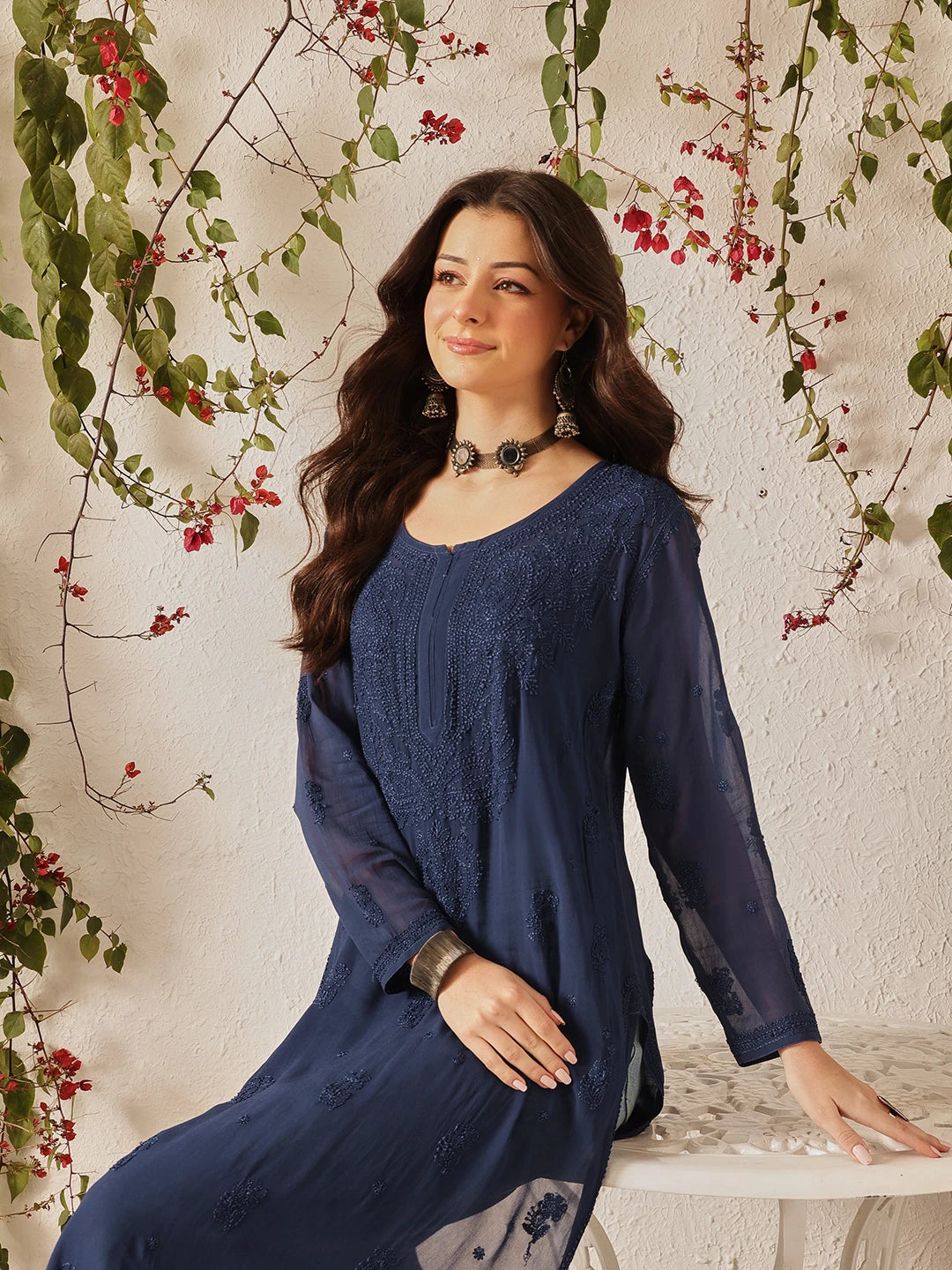 Ada Hand Embroidered Navy Blue Georgette Lucknow Chikankari Kurta - A411187