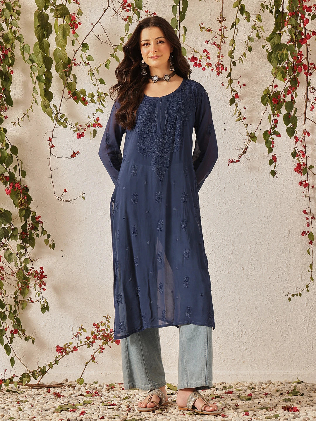 Ada Hand Embroidered Navy Blue Georgette Lucknow Chikankari Kurta - A411187