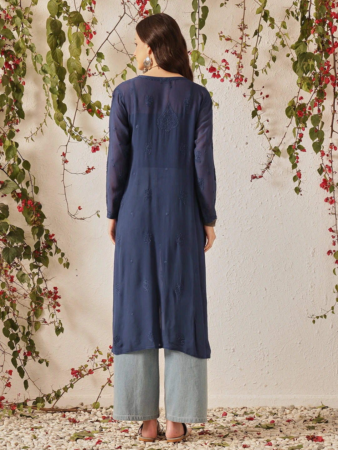 Ada Hand Embroidered Navy Blue Georgette Lucknow Chikankari Kurta - A411187