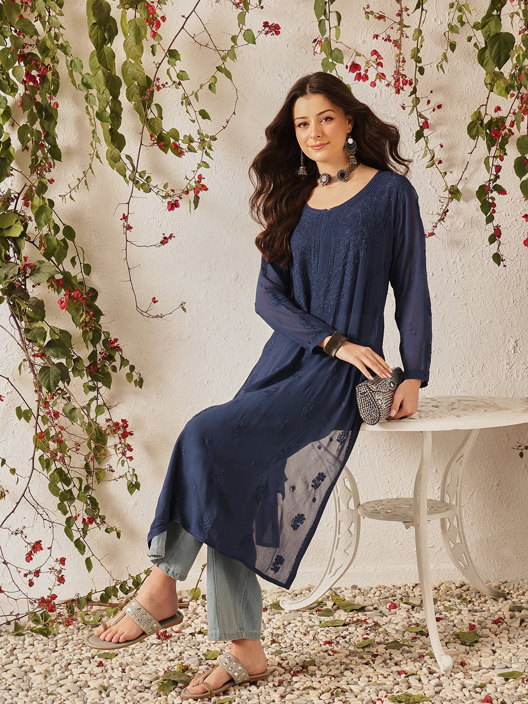 Ada Hand Embroidered Navy Blue Georgette Lucknow Chikankari Kurta - A411187