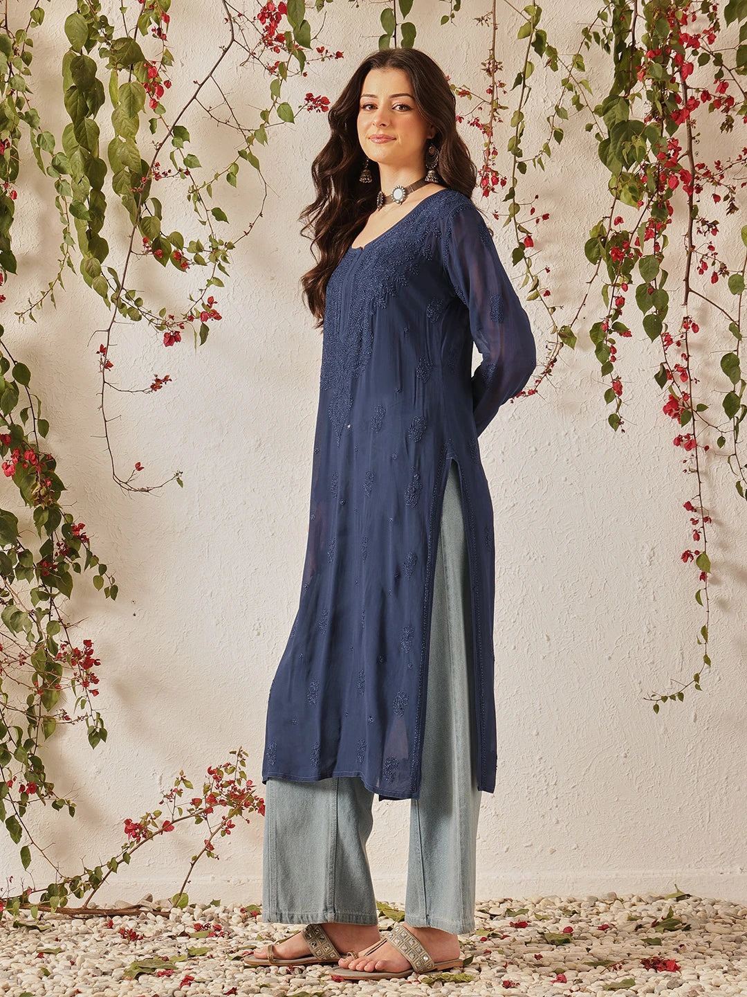 Ada Hand Embroidered Navy Blue Georgette Lucknow Chikankari Kurta - A411187