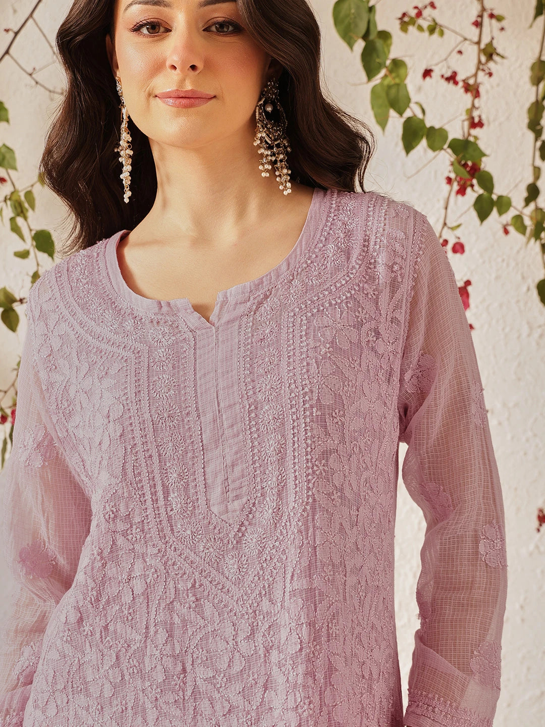 Ada Hand Embroidered Mauve Kota Lucknowi Chikankari Straight Kurta With Slip A411214