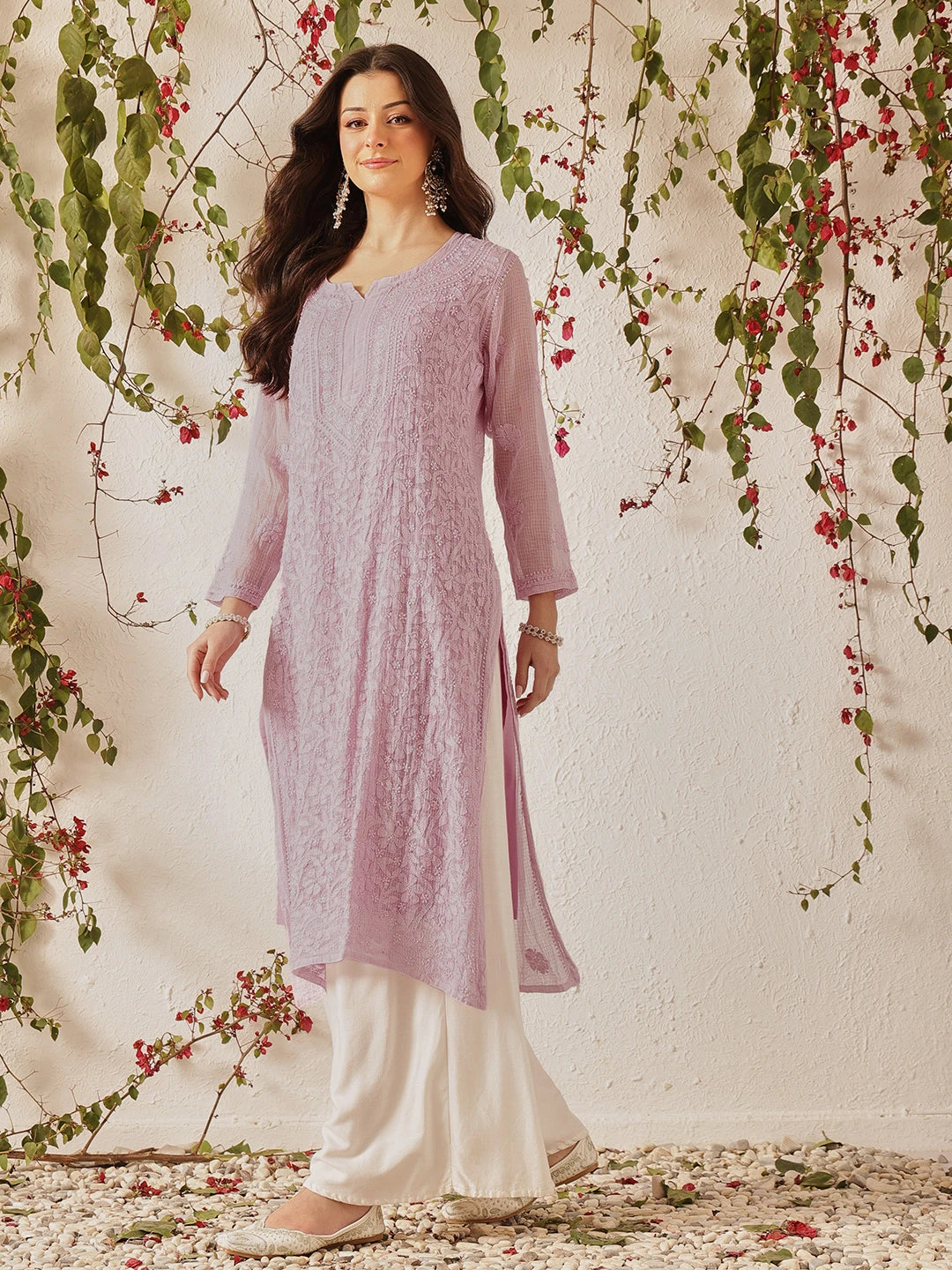Ada Hand Embroidered Mauve Kota Lucknowi Chikankari Straight Kurta With Slip A411214