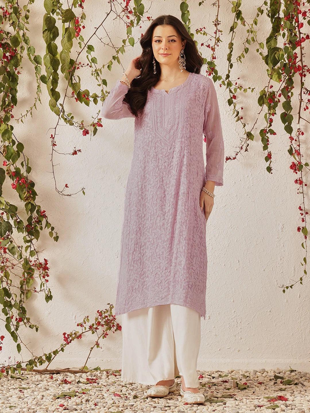 Ada Hand Embroidered Mauve Kota Lucknowi Chikankari Straight Kurta With Slip A411214