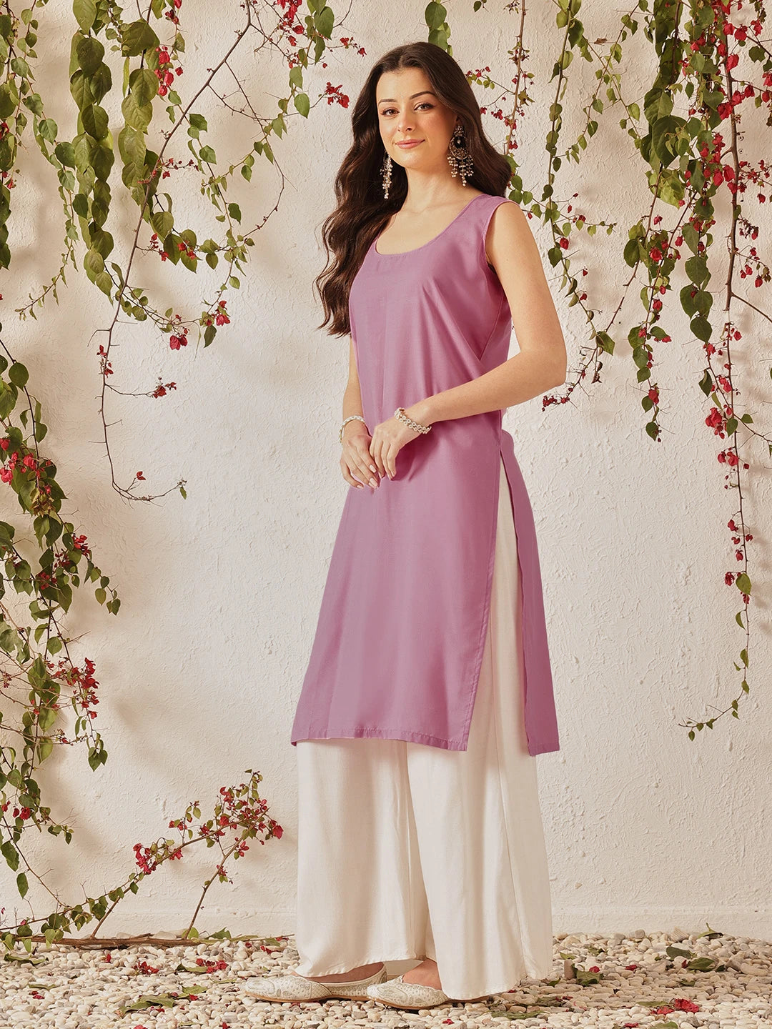 Ada Hand Embroidered Mauve Kota Lucknowi Chikankari Straight Kurta With Slip A411214