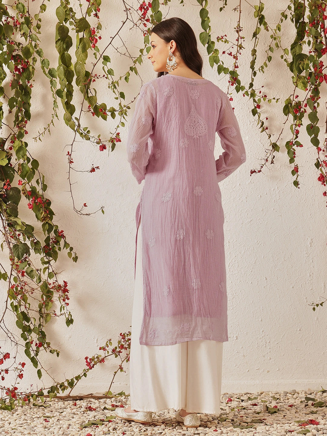 Ada Hand Embroidered Mauve Kota Lucknowi Chikankari Straight Kurta With Slip A411214