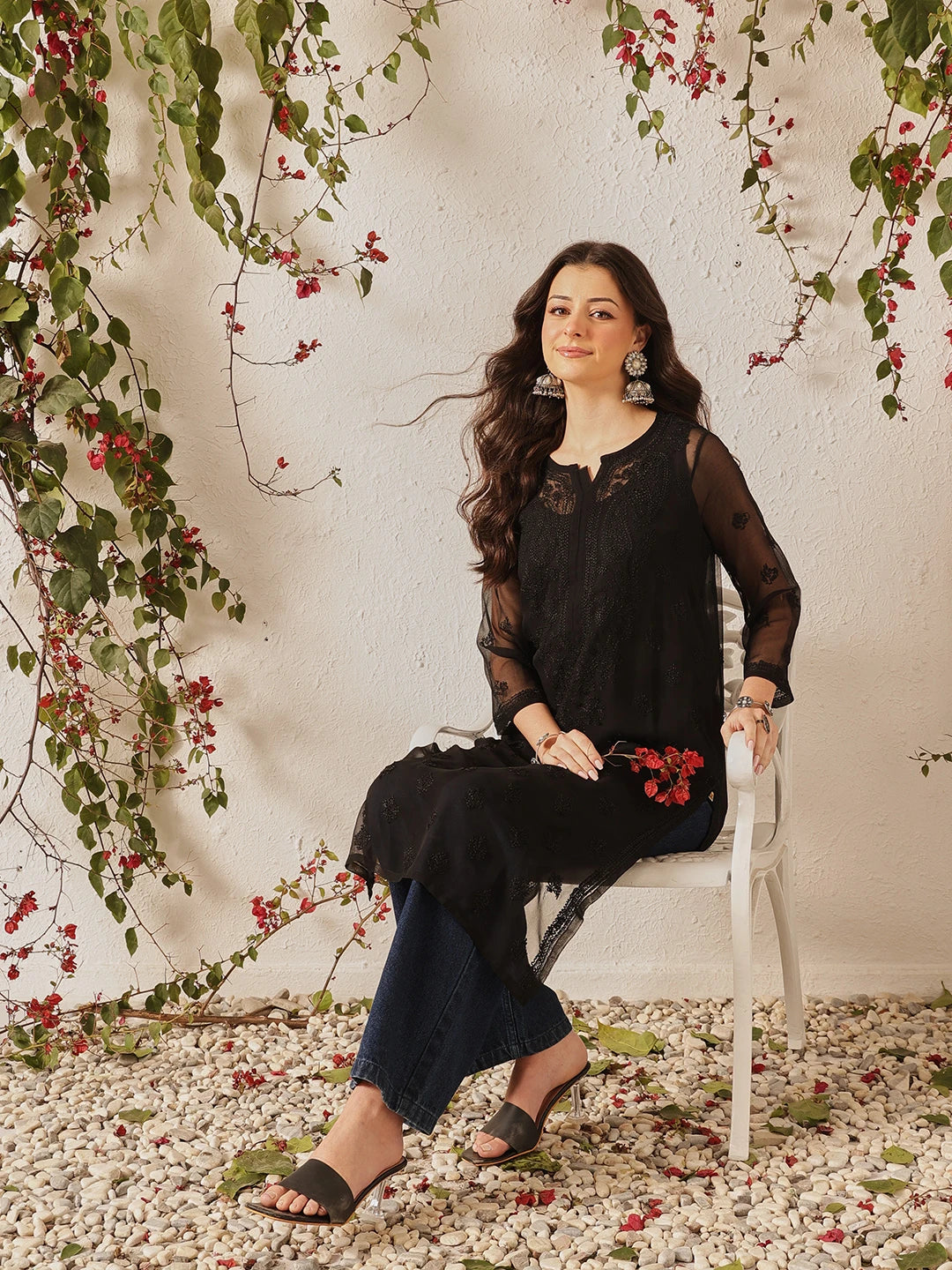 Ada Hand Embroidered Black Georgette Lucknowi Chikankari Kurta with Slip A165598