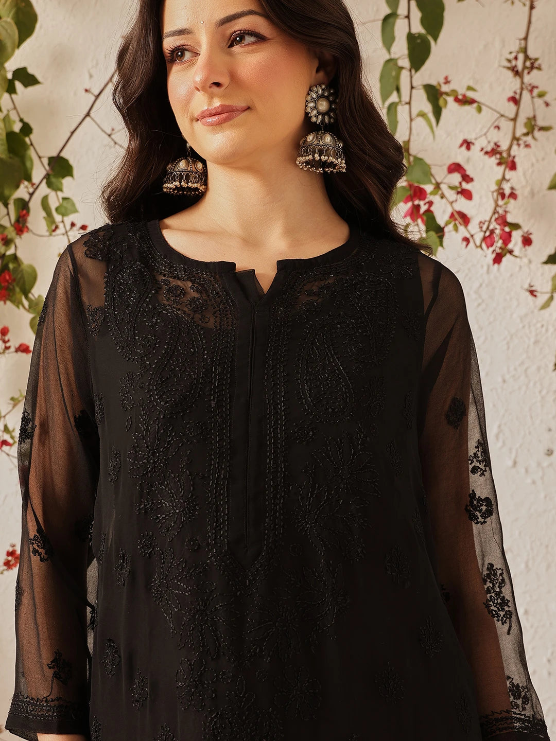 Ada Hand Embroidered Black Georgette Lucknowi Chikankari Kurta with Slip A165598