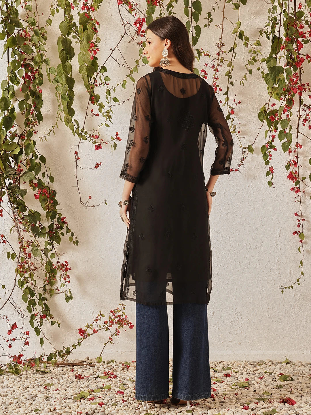 Ada Hand Embroidered Black Georgette Lucknowi Chikankari Kurta with Slip A165598