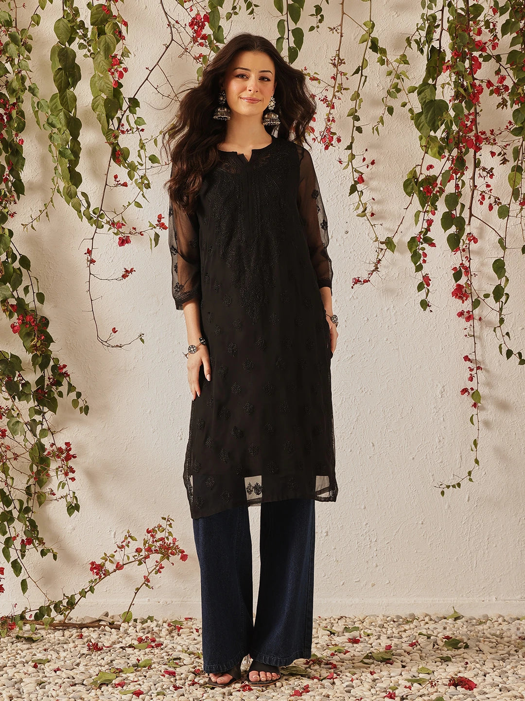 Ada Hand Embroidered Black Georgette Lucknowi Chikankari Kurta with Slip A165598