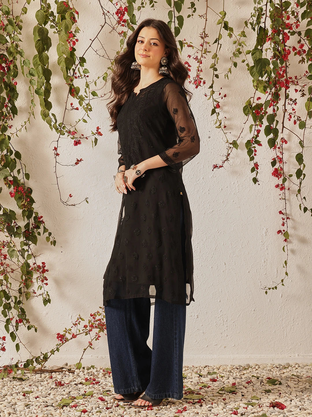 Ada Hand Embroidered Black Georgette Lucknowi Chikankari Kurta with Slip A165598