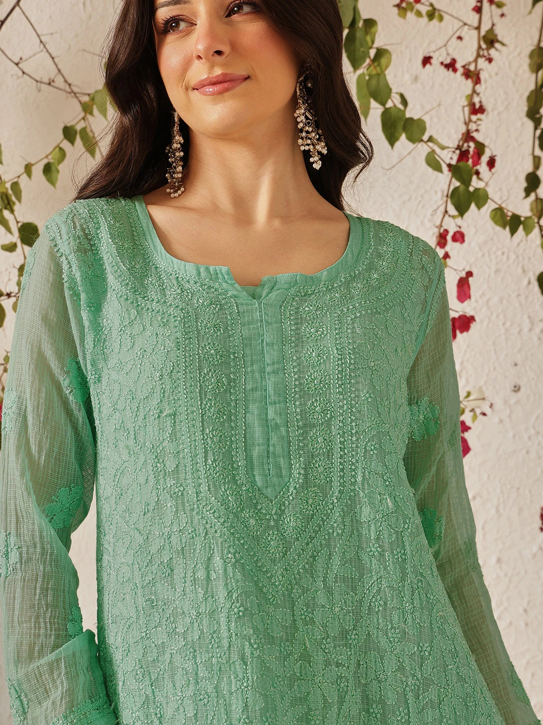 Ada Hand Embroidered Sea Green Kota Lucknowi Chikankari Straight Kurta With Slip A411215