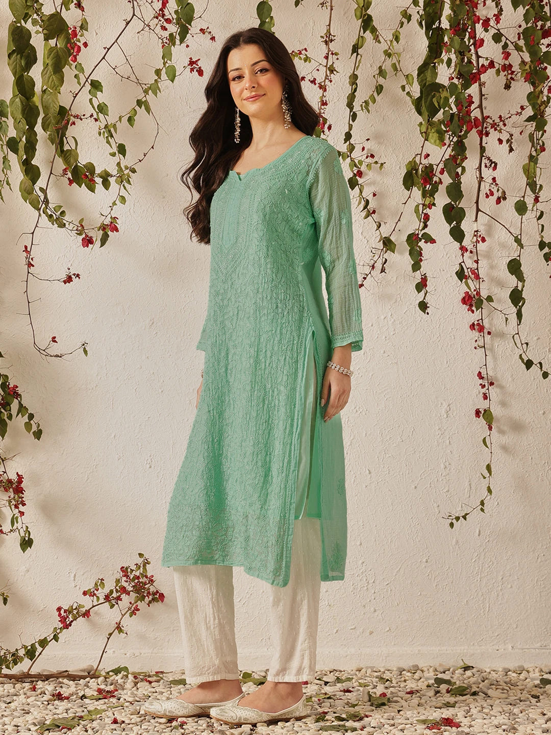 Ada Hand Embroidered Sea Green Kota Lucknowi Chikankari Straight Kurta With Slip A411215