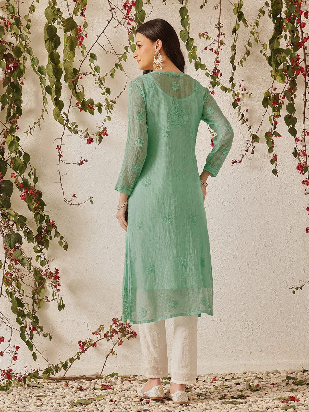 Ada Hand Embroidered Sea Green Kota Lucknowi Chikankari Straight Kurta With Slip A411215