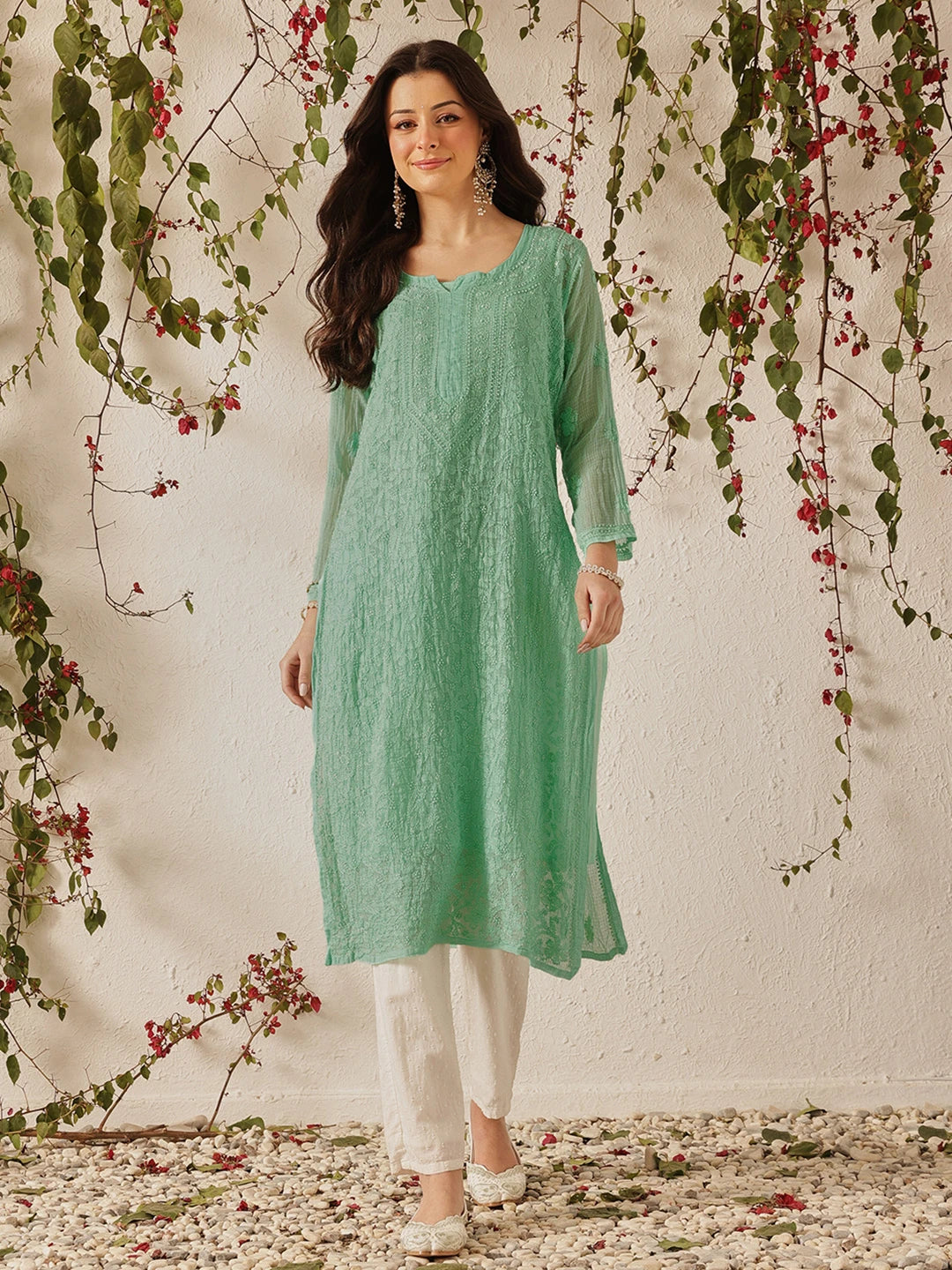 Ada Hand Embroidered Sea Green Kota Lucknowi Chikankari Straight Kurta With Slip A411215