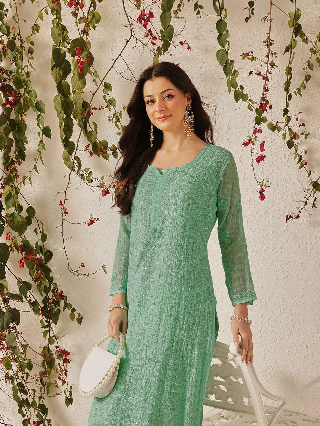 Ada Hand Embroidered Sea Green Kota Lucknowi Chikankari Straight Kurta With Slip A411215
