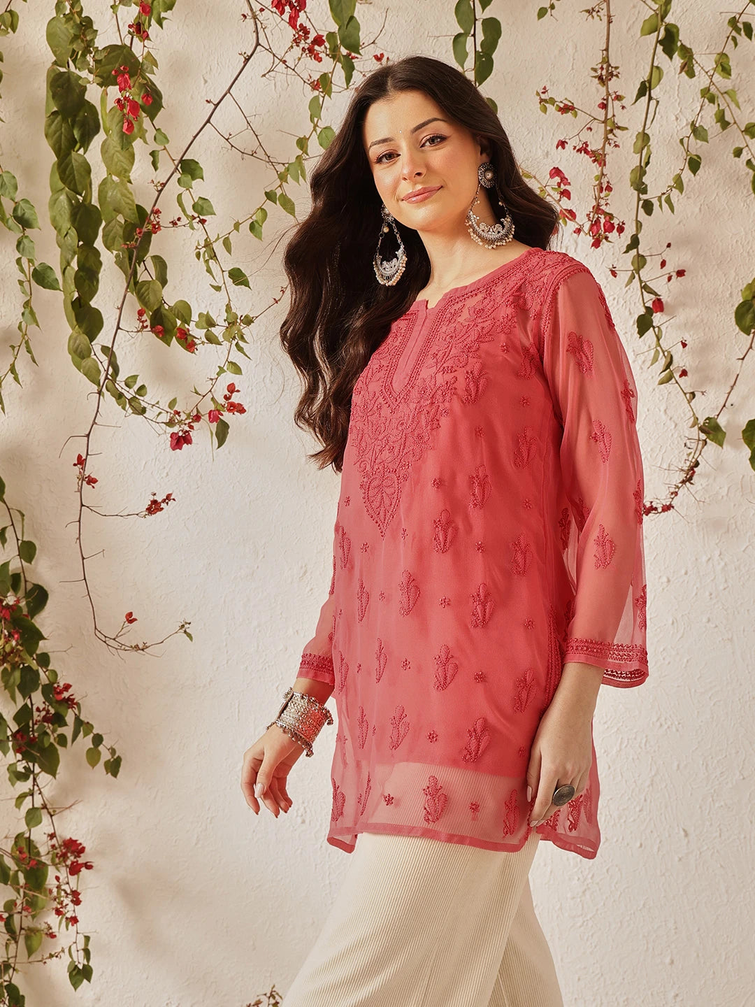 Ada Hand Embroidered Carrot  Pink Georgette Lucknow Chikan Kurti with slip A911557