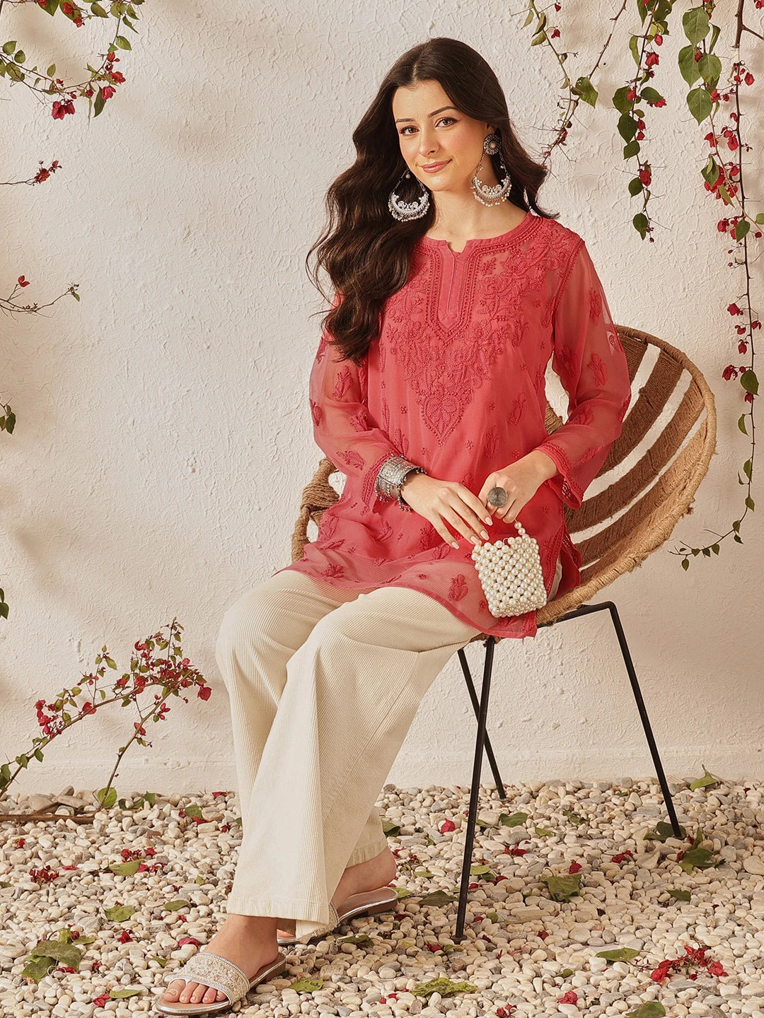 Ada Hand Embroidered Carrot  Pink Georgette Lucknow Chikan Kurti with slip A911557