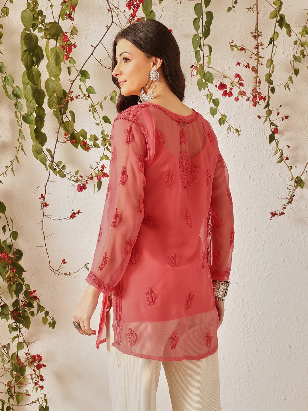 Ada Hand Embroidered Carrot  Pink Georgette Lucknow Chikan Kurti with slip A911557