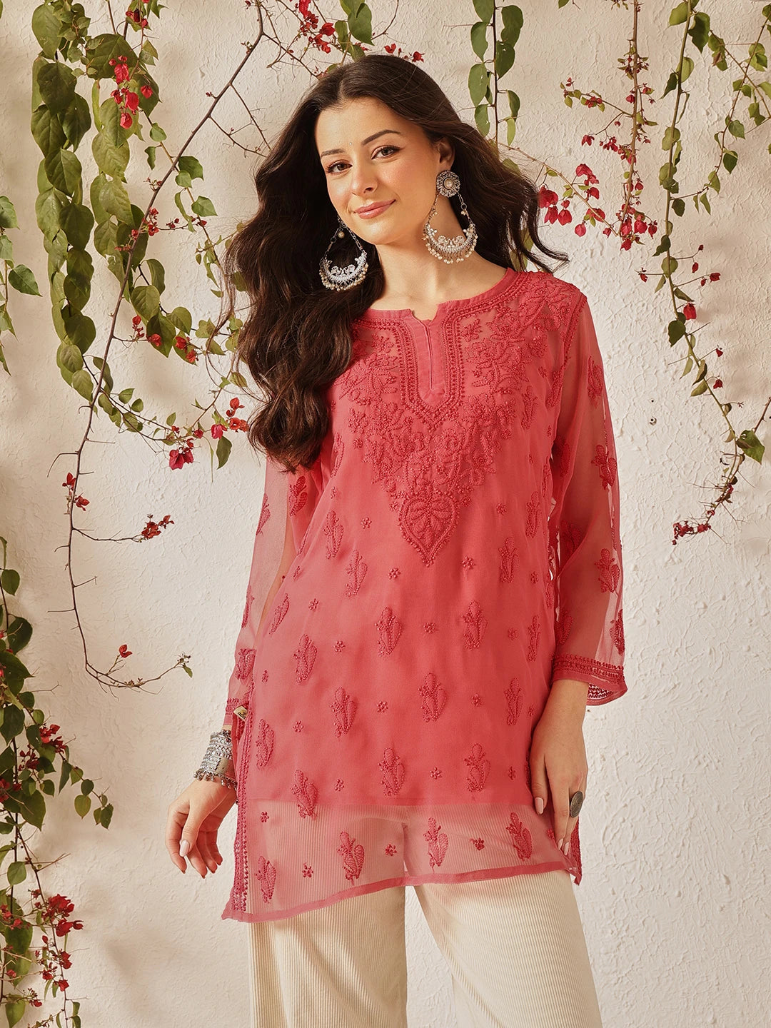 Ada Hand Embroidered Carrot  Pink Georgette Lucknow Chikan Kurti with slip A911557