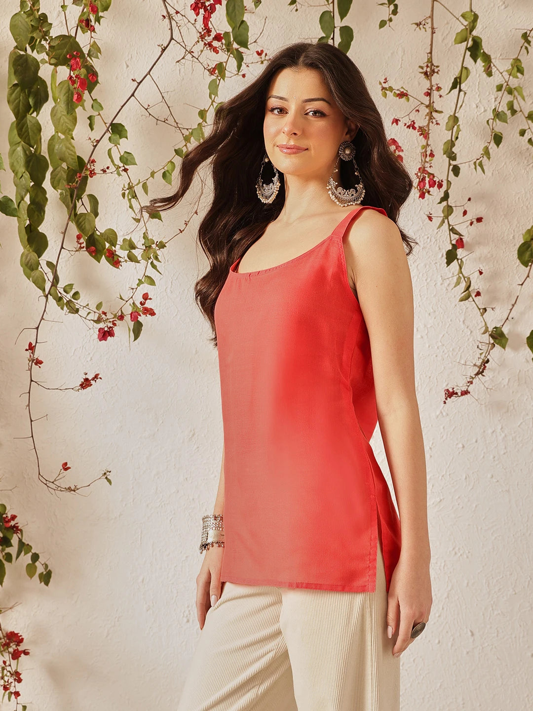 Ada Hand Embroidered Carrot  Pink Georgette Lucknow Chikan Kurti with slip A911557