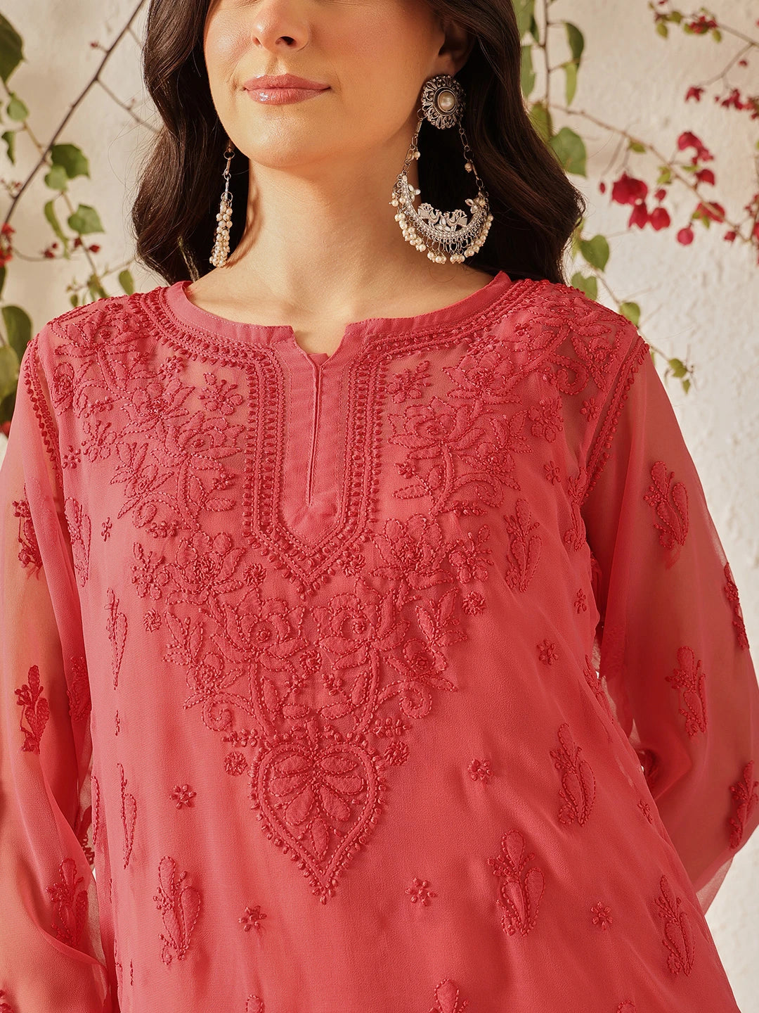 Ada Hand Embroidered Carrot  Pink Georgette Lucknow Chikan Kurti with slip A911557