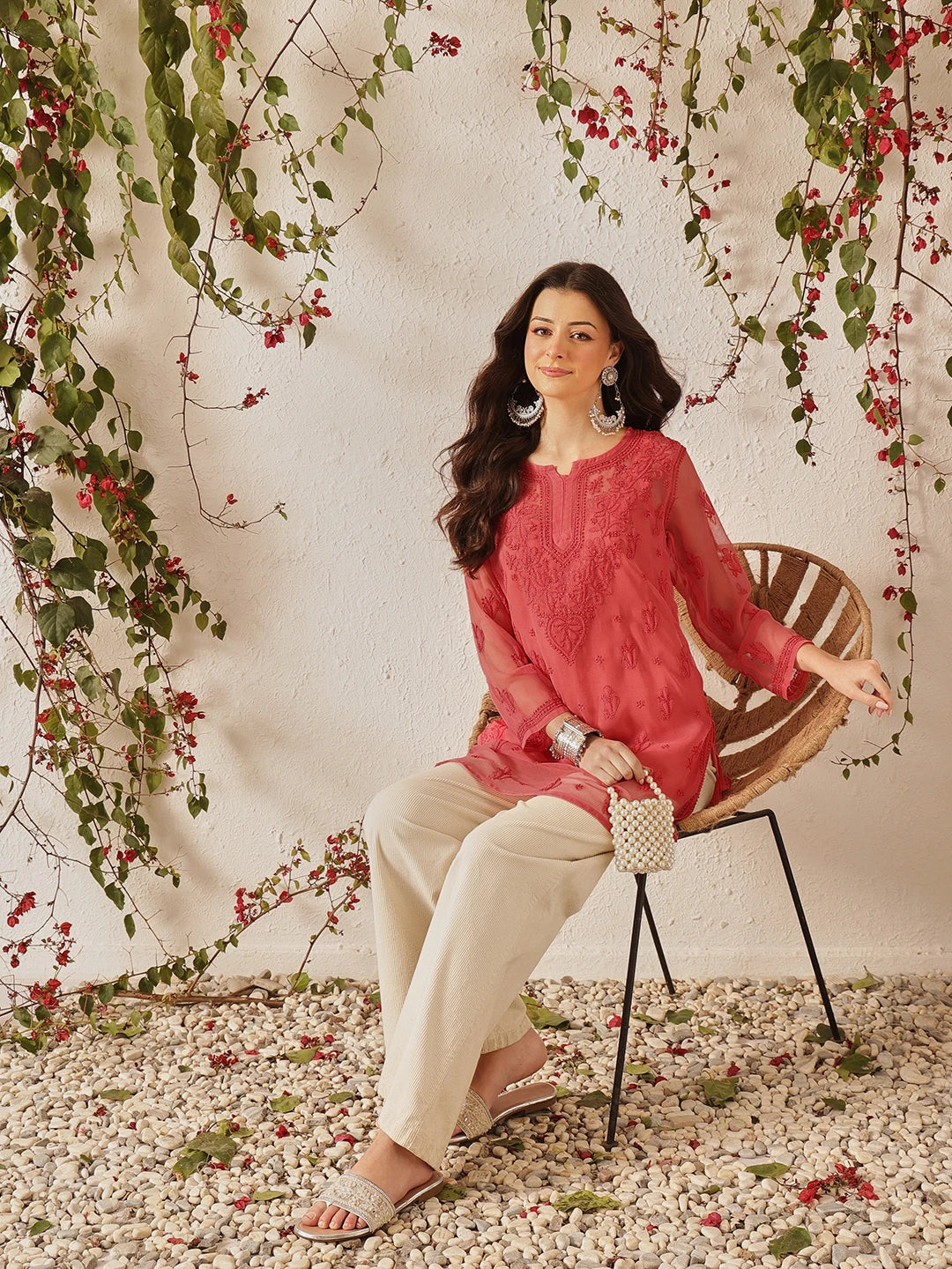 Ada Hand Embroidered Carrot  Pink Georgette Lucknow Chikan Kurti with slip A911557
