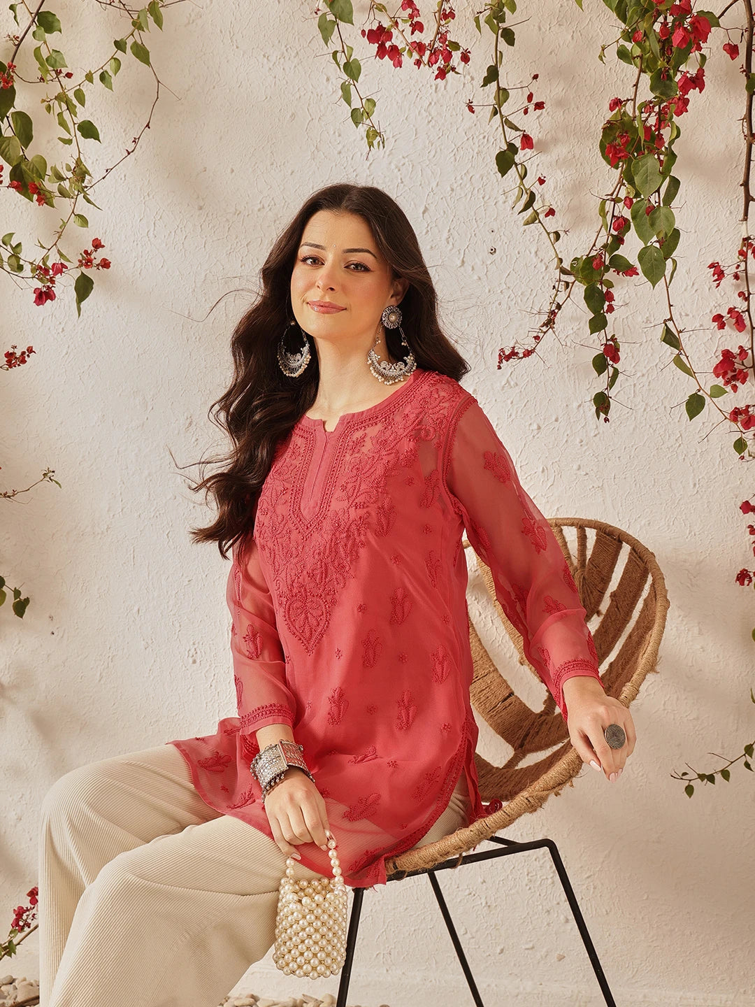Ada Hand Embroidered Carrot  Pink Georgette Lucknow Chikan Kurti with slip A911557