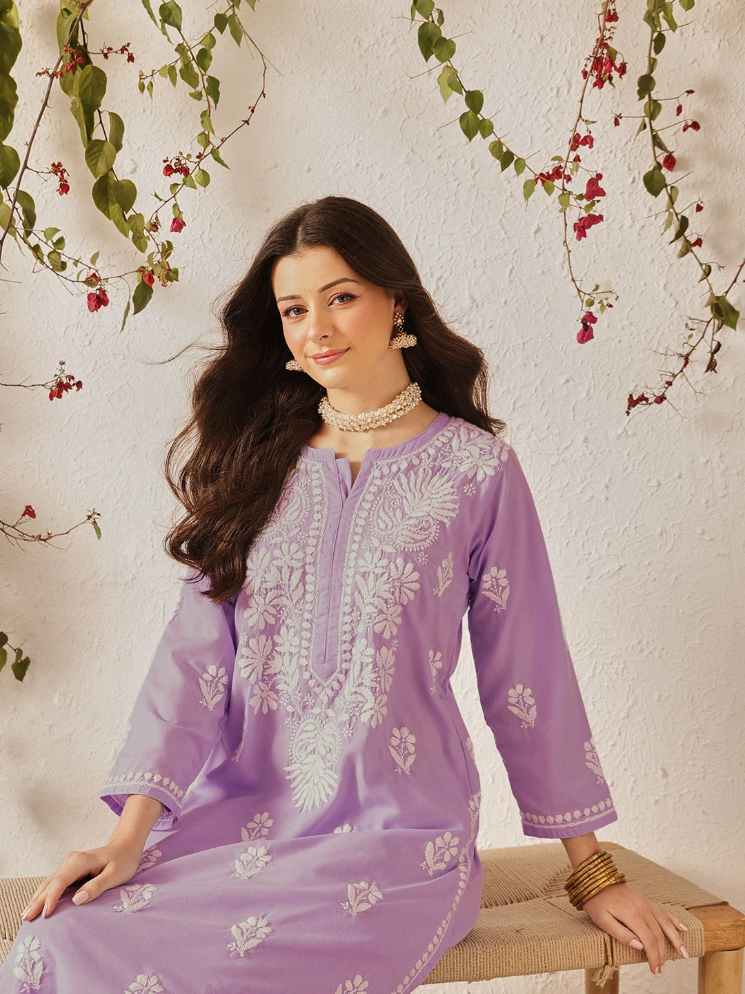 Ada Hand Embroidered Lavender Cotton Lucknowi Chikankari Kurta Set A811375
