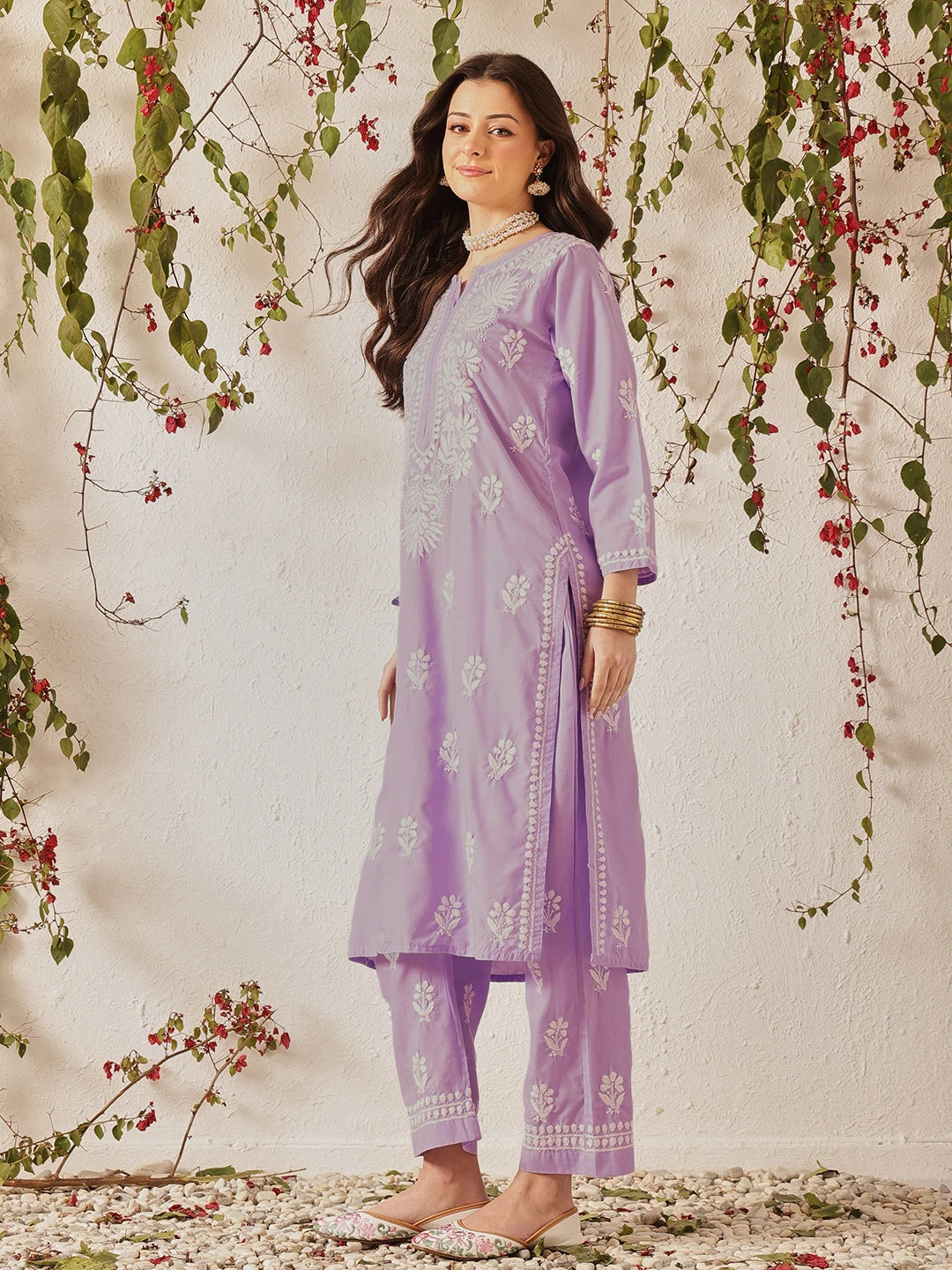 Ada Hand Embroidered Lavender Cotton Lucknowi Chikankari Kurta Set A811375