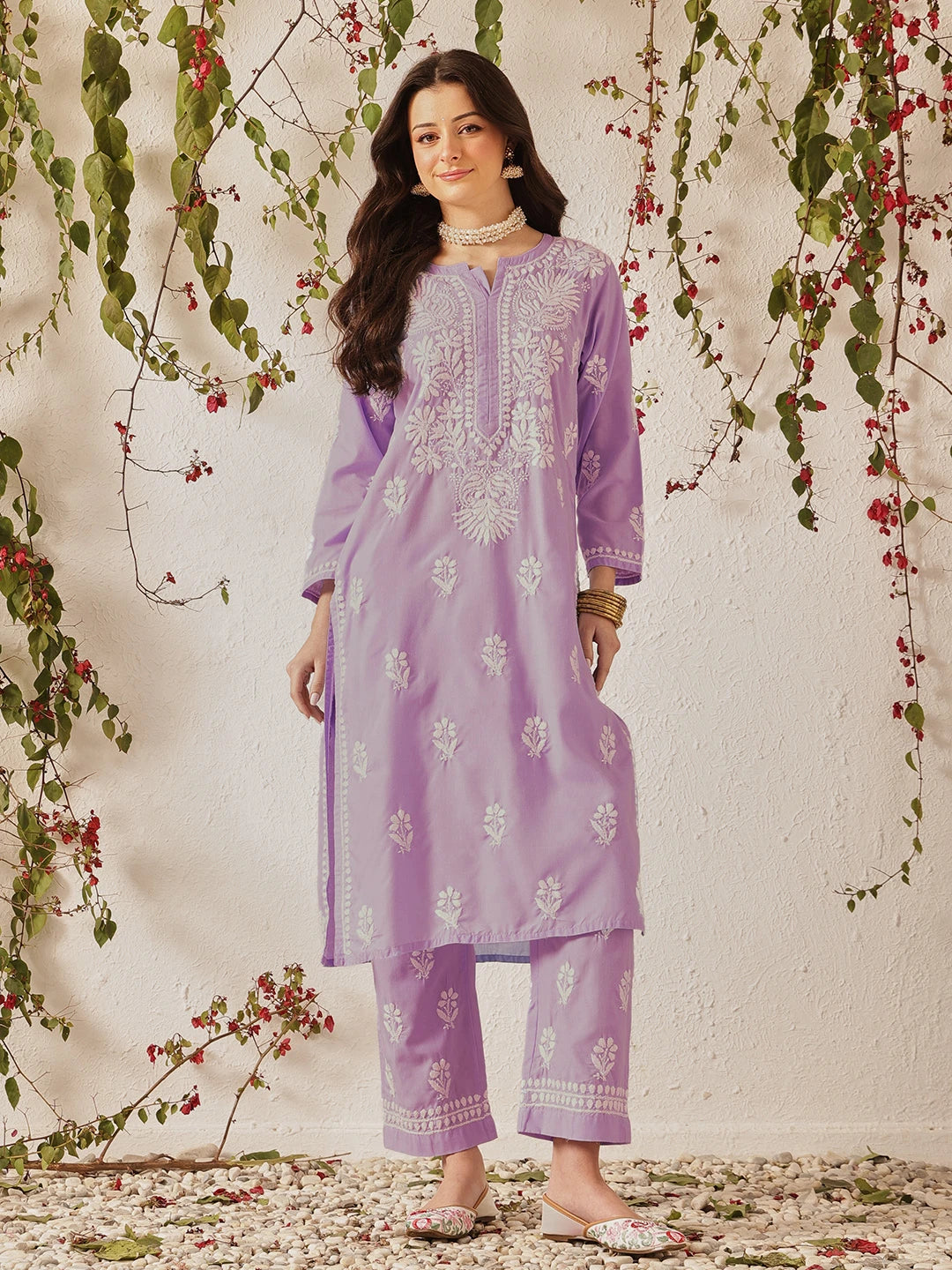Ada Hand Embroidered Lavender Cotton Lucknowi Chikankari Kurta Set A811375