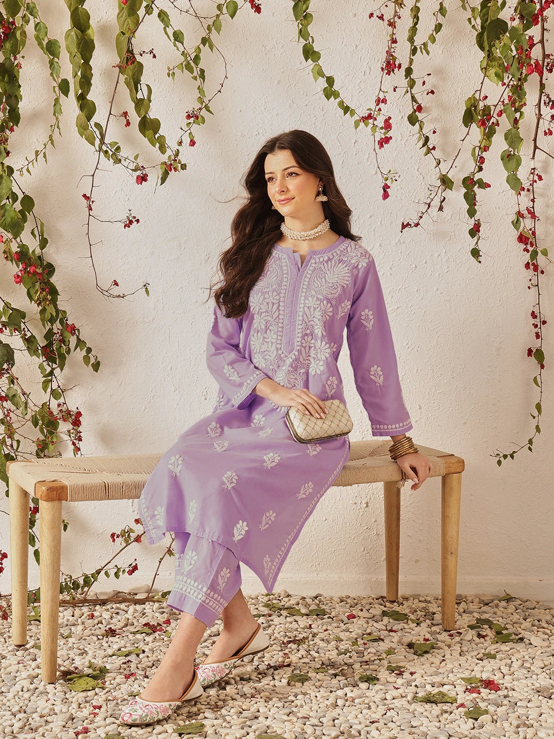 Ada Hand Embroidered Lavender Cotton Lucknowi Chikankari Kurta Set A811375