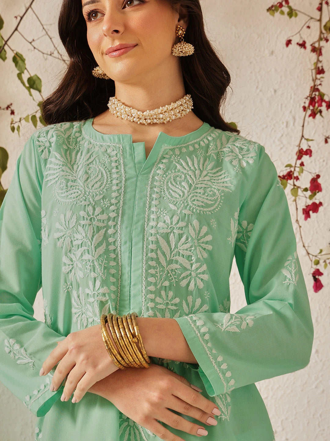 Ada Hand Embroidered Sea Green Cotton Lucknowi Chikankari Kurta Set A811368