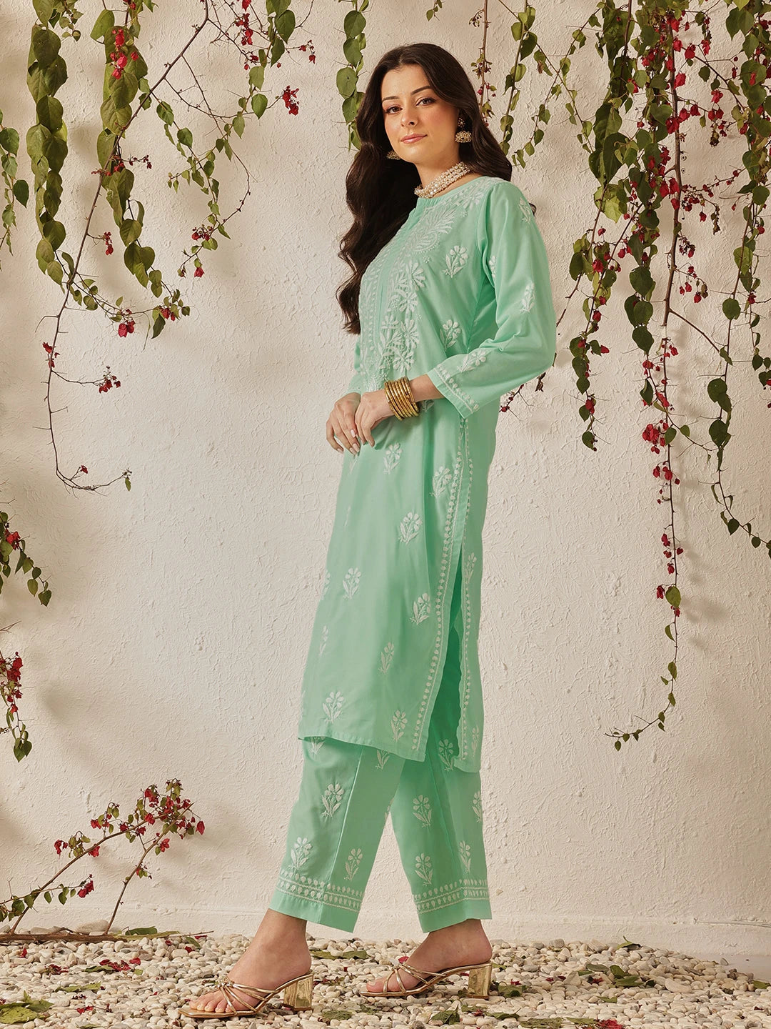 Ada Hand Embroidered Sea Green Cotton Lucknowi Chikankari Kurta Set A811368