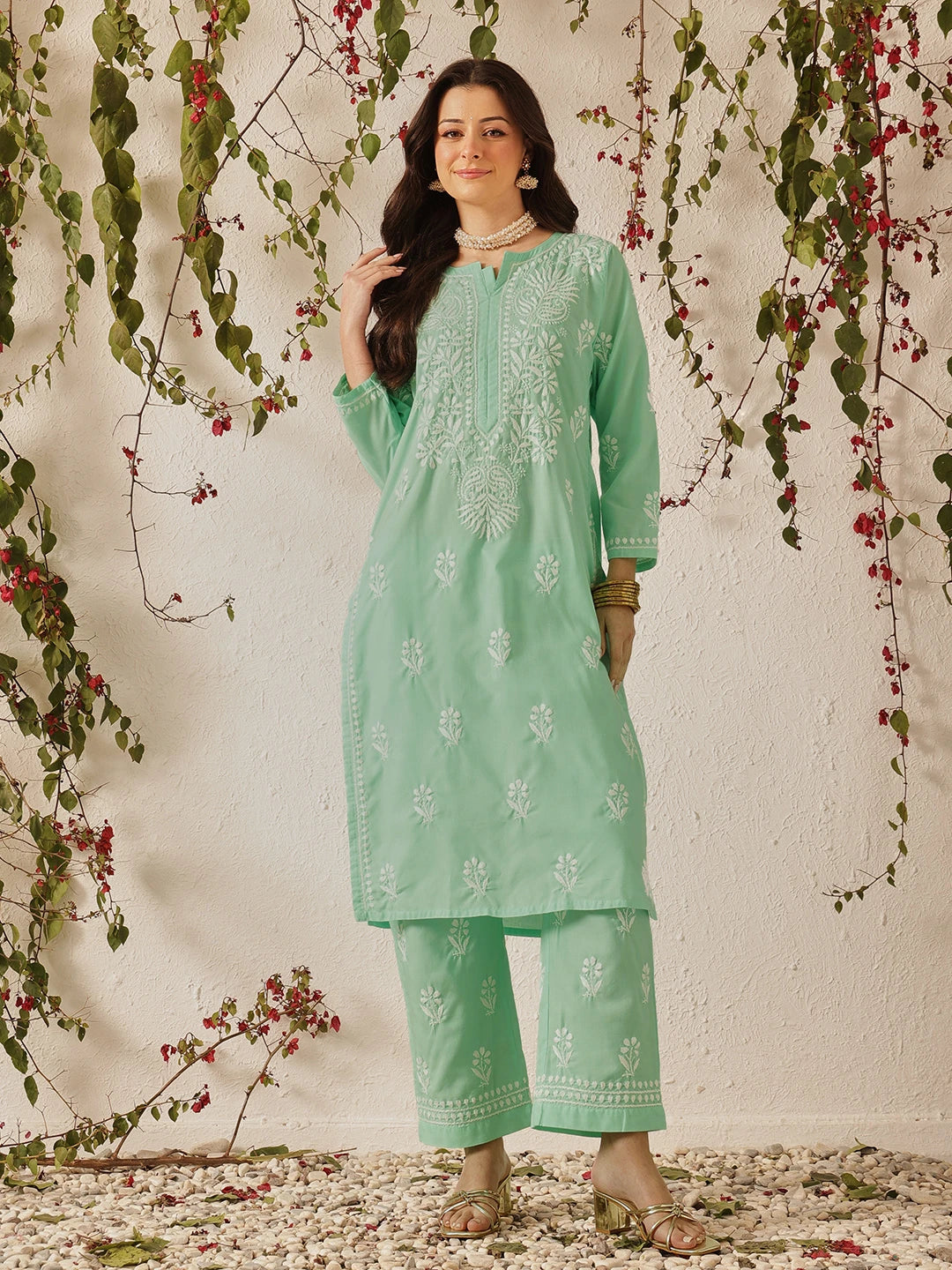 Ada Hand Embroidered Sea Green Cotton Lucknowi Chikankari Kurta Set A811368
