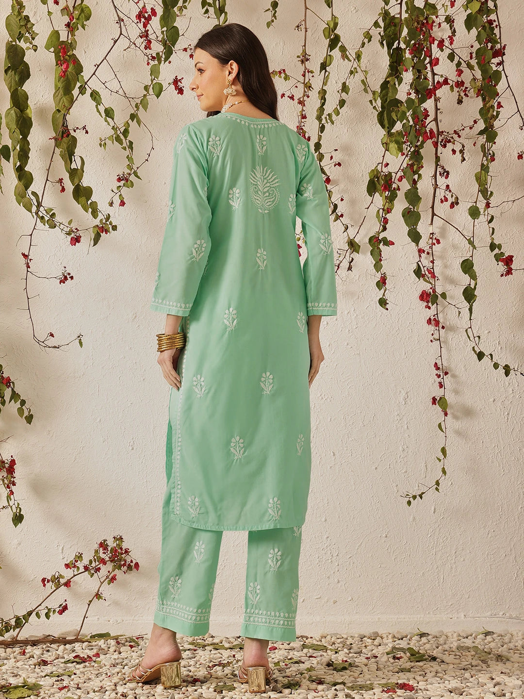 Ada Hand Embroidered Sea Green Cotton Lucknowi Chikankari Kurta Set A811368