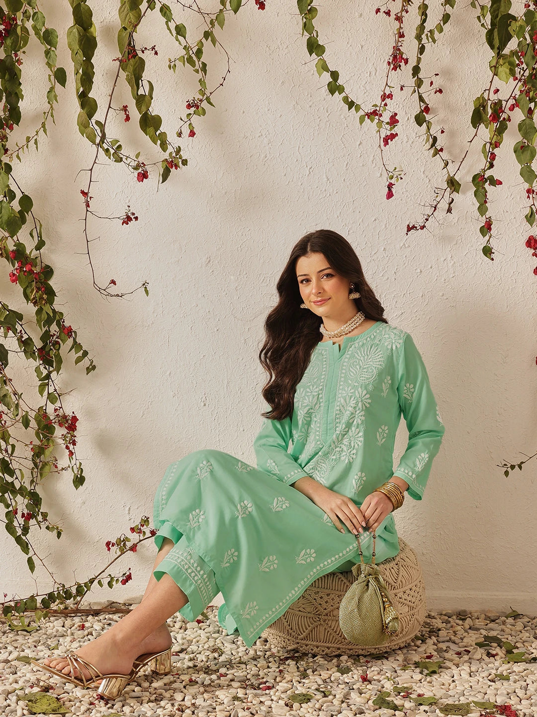 Ada Hand Embroidered Sea Green Cotton Lucknowi Chikankari Kurta Set A811368