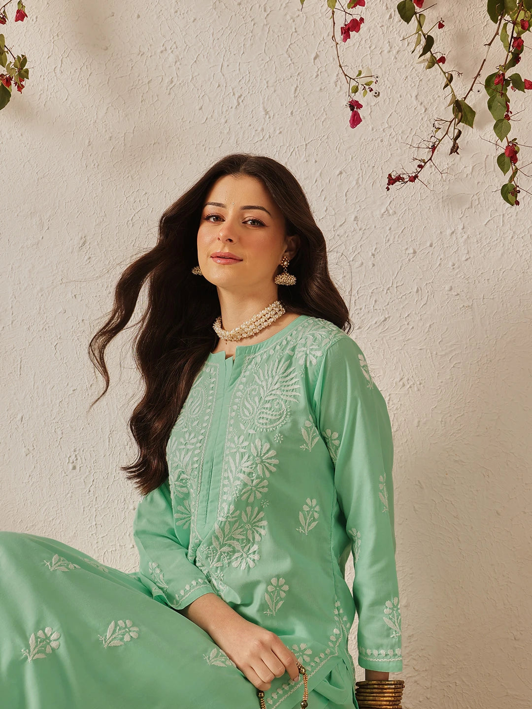 Ada Hand Embroidered Sea Green Cotton Lucknowi Chikankari Kurta Set A811368