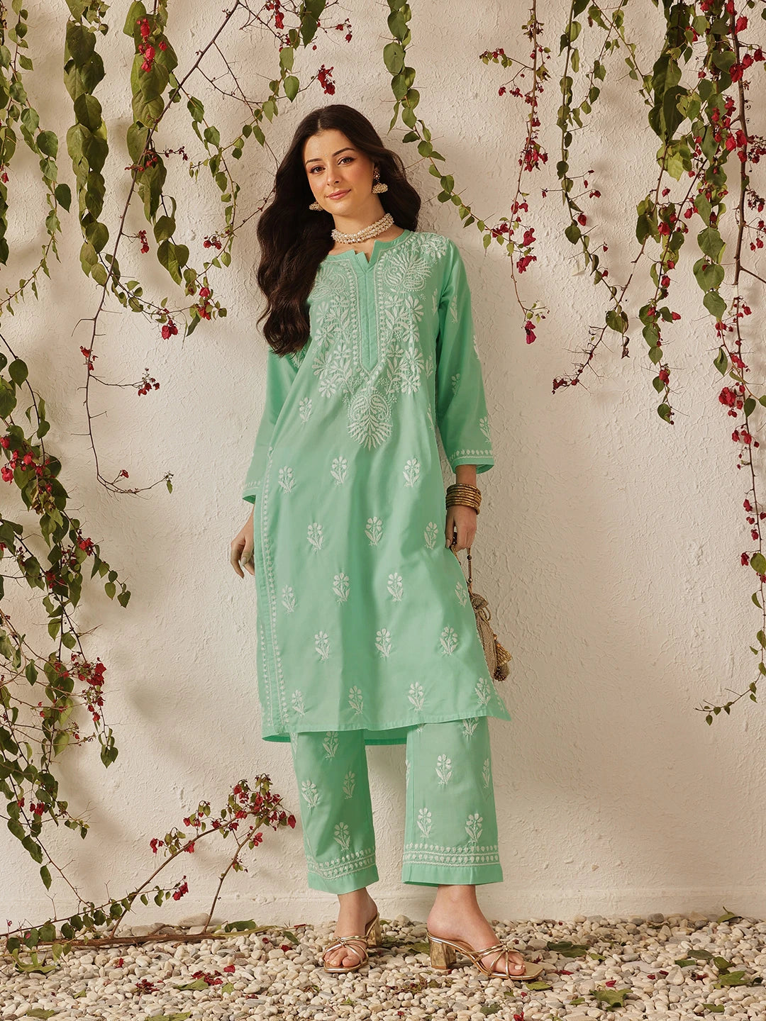 Ada Hand Embroidered Sea Green Cotton Lucknowi Chikankari Kurta Set A811368