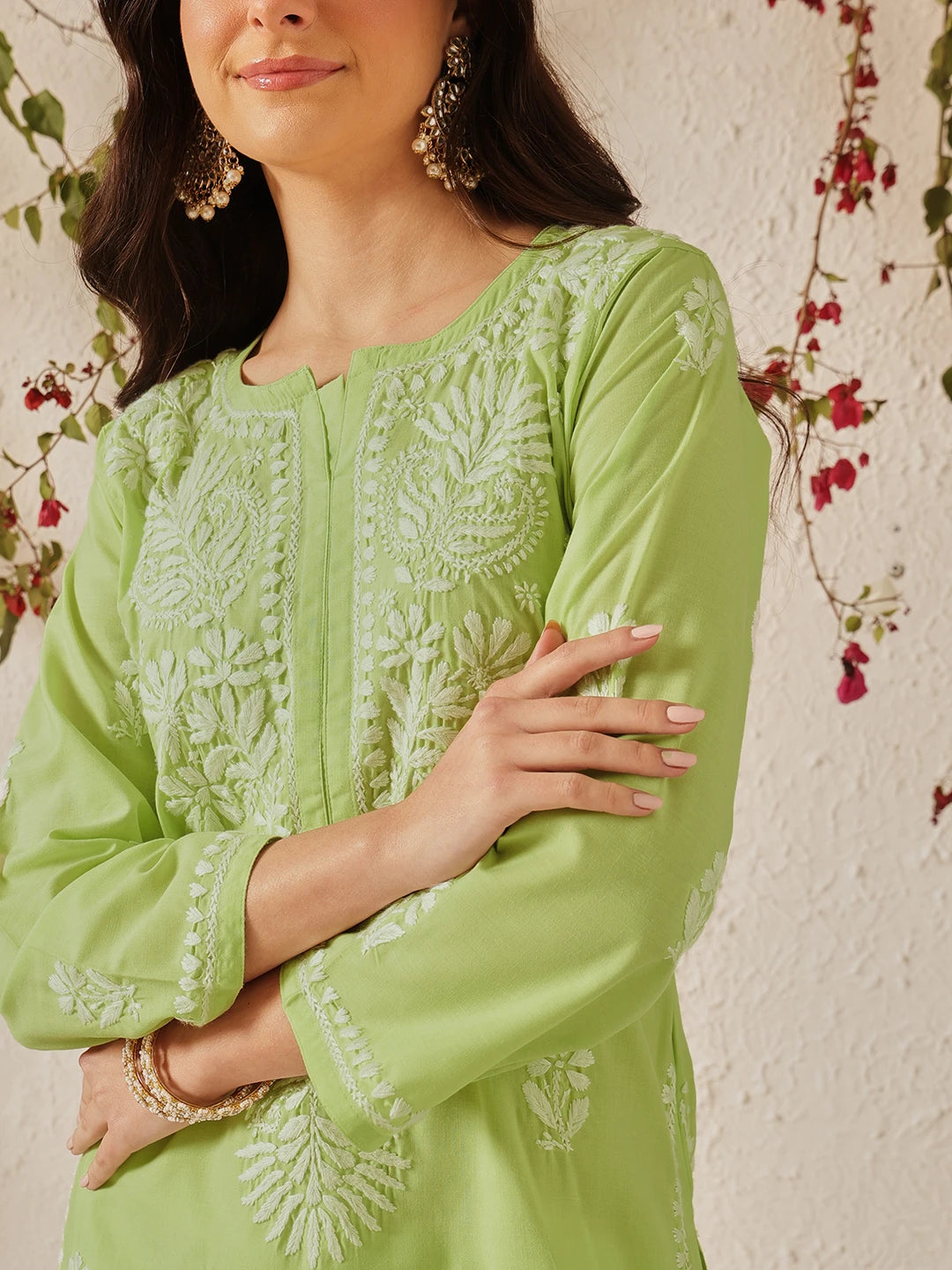Ada Hand Embroidered Green Cotton Lucknowi Chikankari Kurta Set A811373
