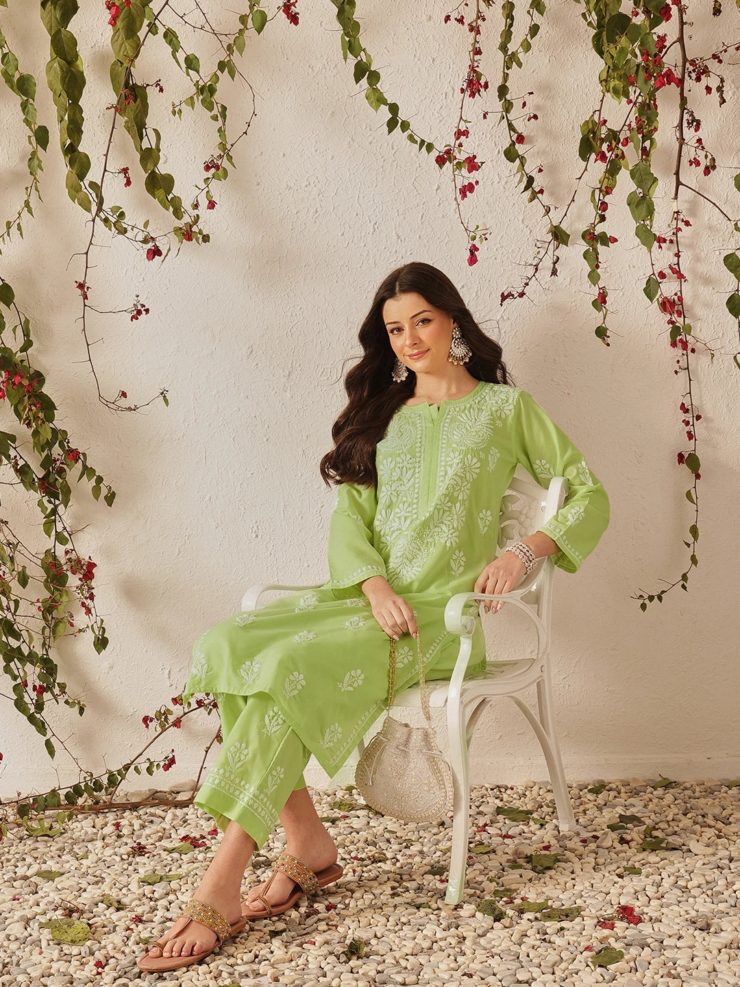 Ada Hand Embroidered Green Cotton Lucknowi Chikankari Kurta Set A811373