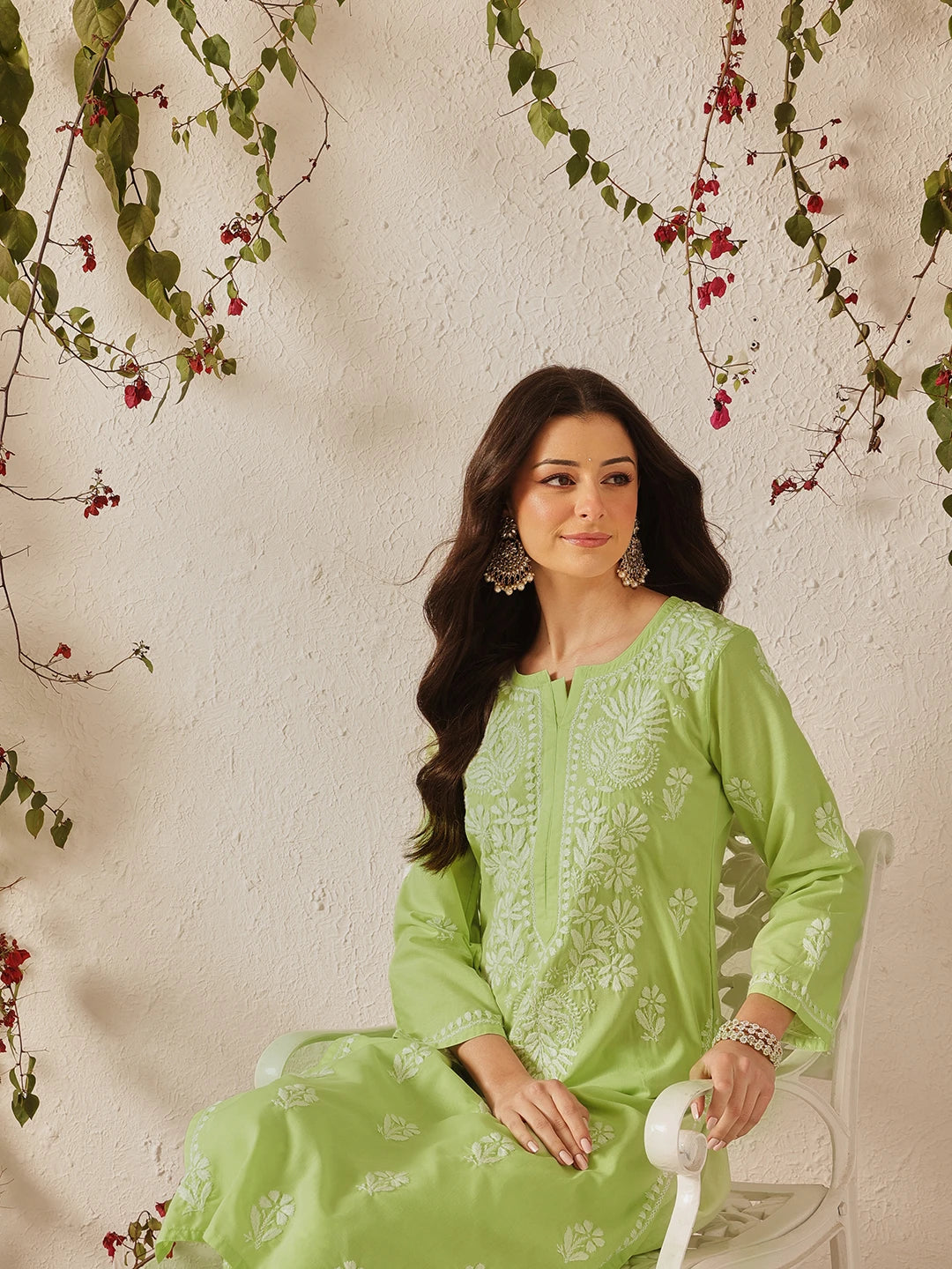 Ada Hand Embroidered Green Cotton Lucknowi Chikankari Kurta Set A811373