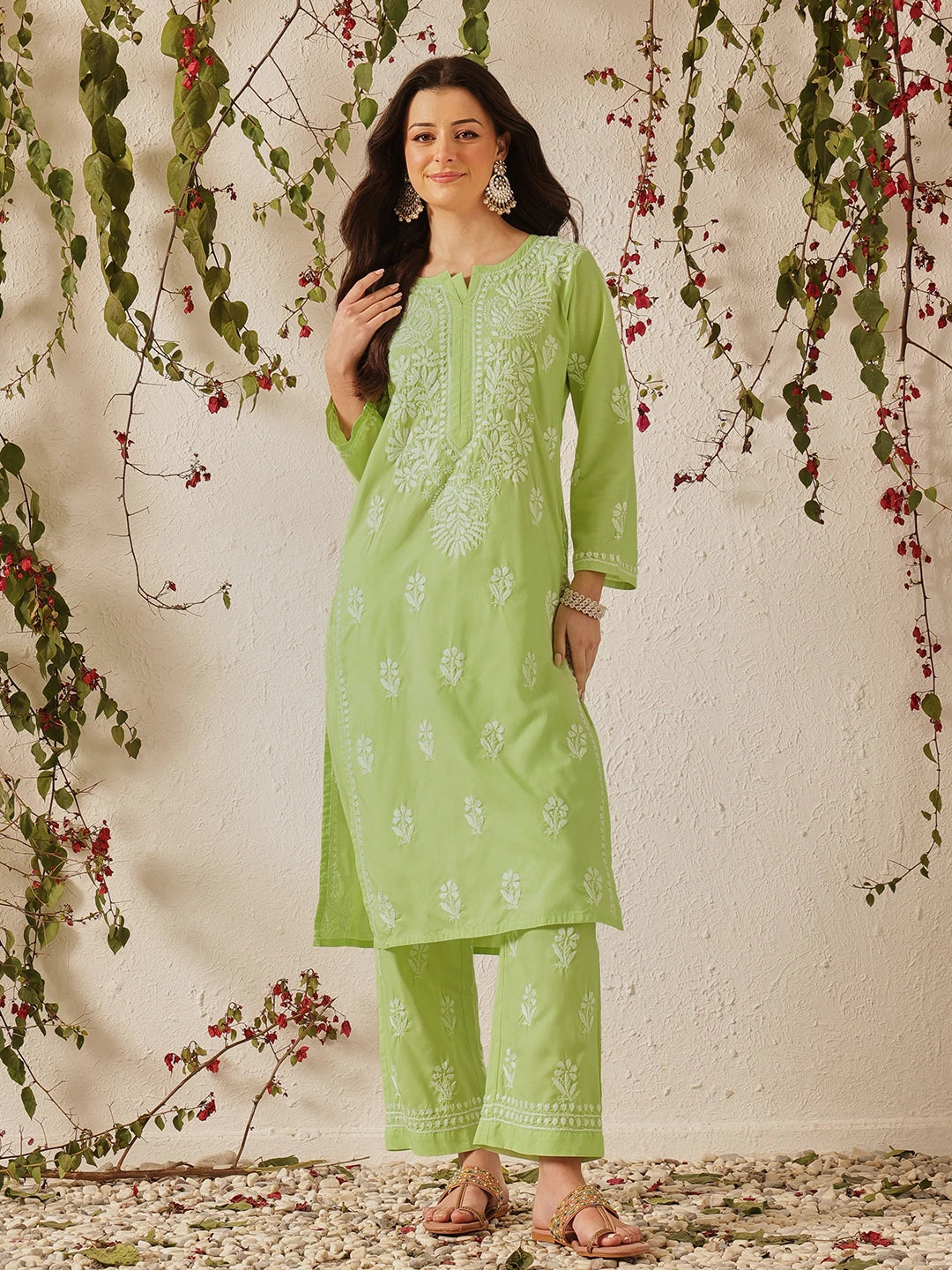 Ada Hand Embroidered Green Cotton Lucknowi Chikankari Kurta Set A811373