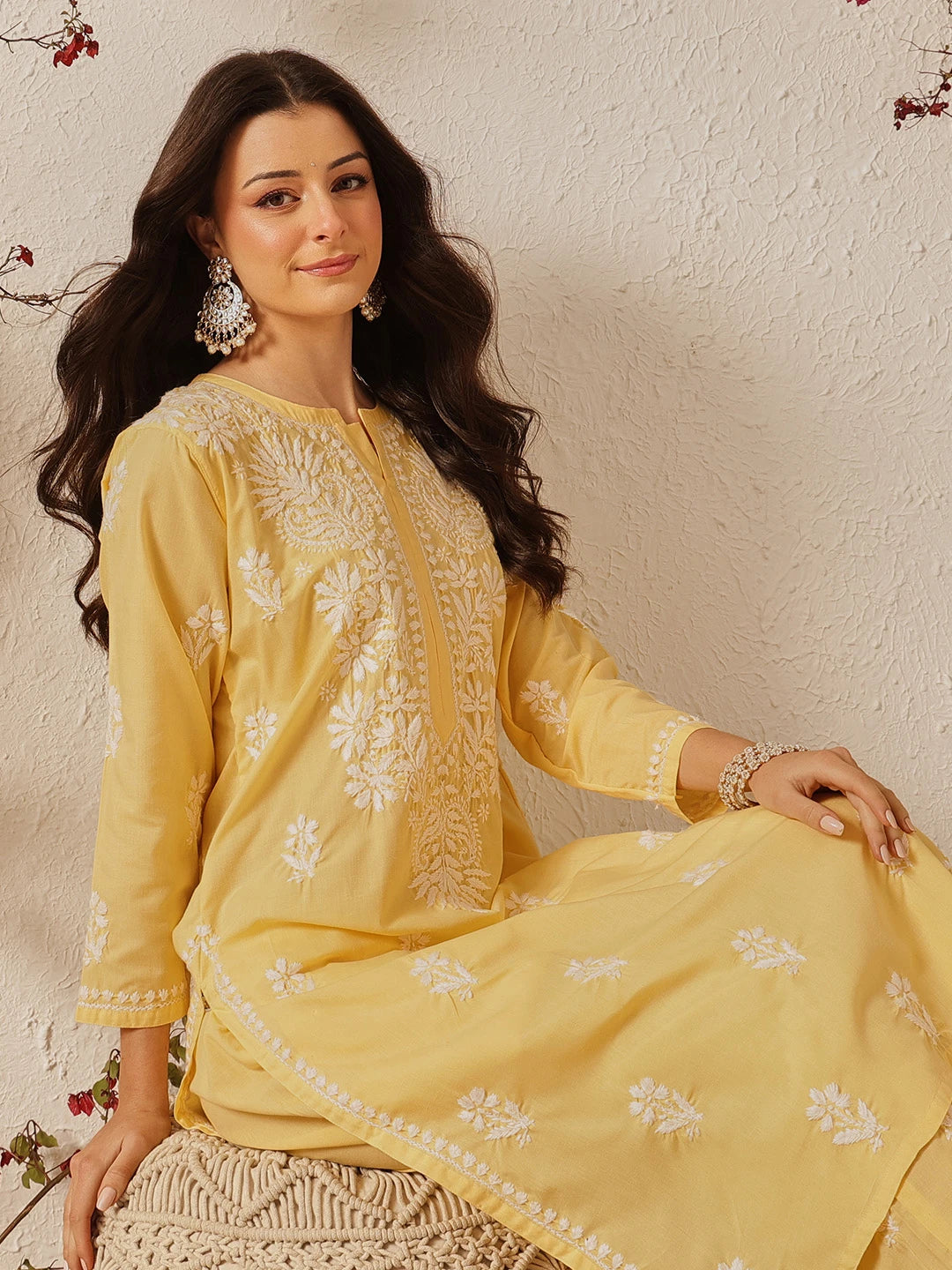 Ada Hand Embroidered Yellow Cotton Lucknowi Chikankari Kurta Set A811370