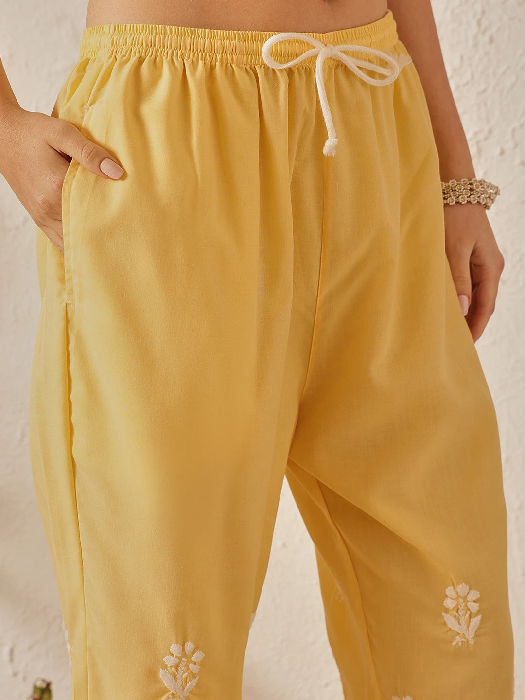 Ada Hand Embroidered Yellow Cotton Lucknowi Chikankari Kurta Set A811370